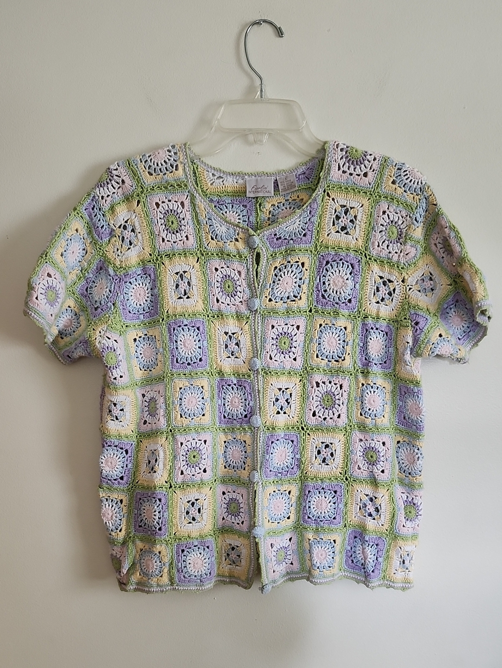 Fiorlini International Vntg Granny Crochet Square Button Up Short Sleeve Sweater
